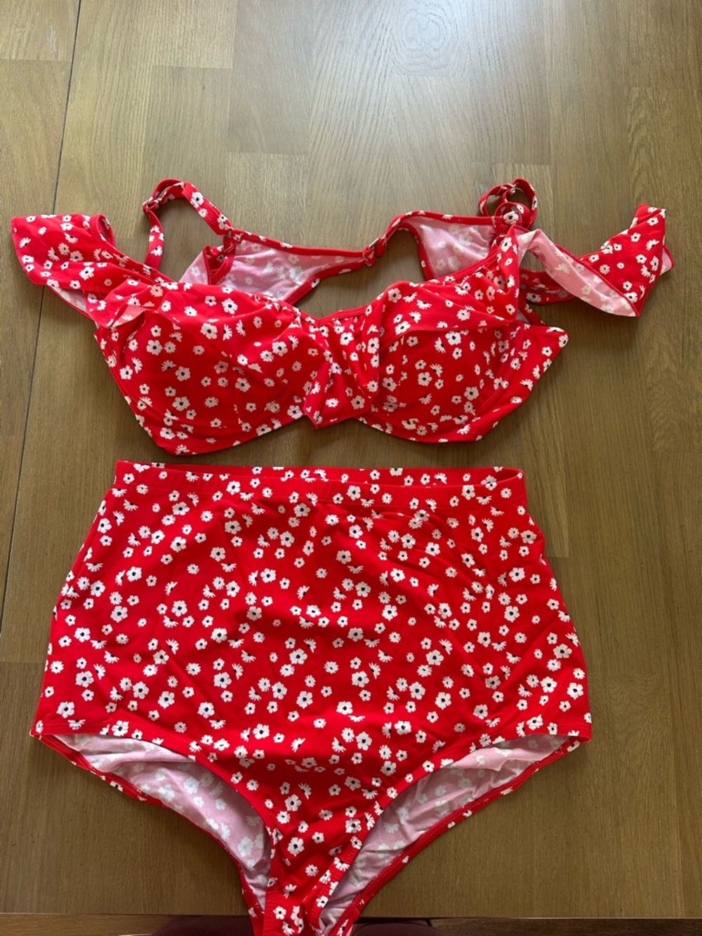 Red Floral three-Piece High-Waist Bikini